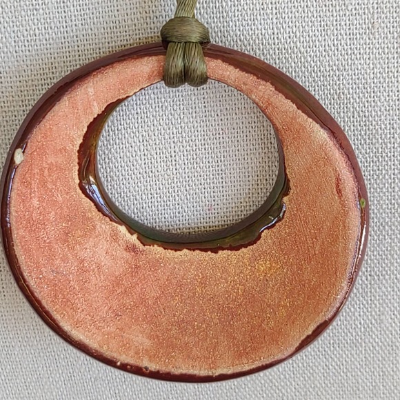 Ceramic Pendant Necklace with Silk Adjustable Rope Handmade Green Leaf Round 2" - Picture 8 of 8